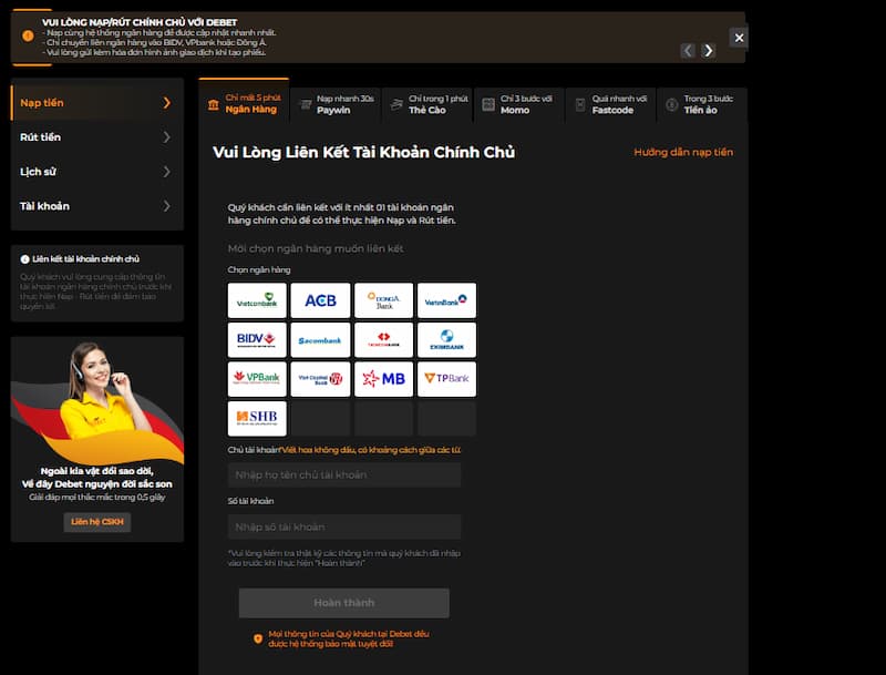 Debet Hướng dẫn thao tác nạp tiền vào tài khoản