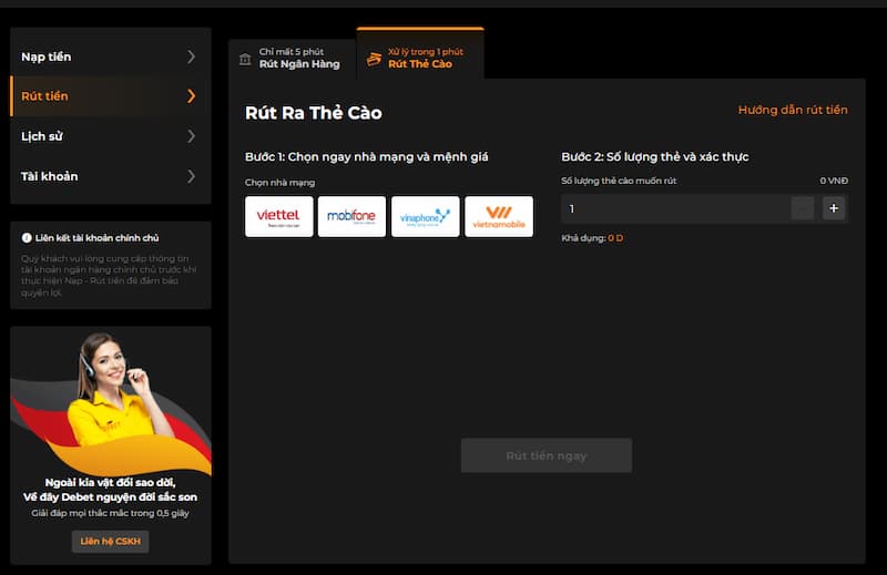 Debet Rút tiền bằng thẻ cào
