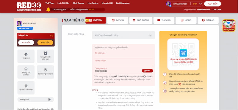 Hướng dẫn nạp tiền RED88