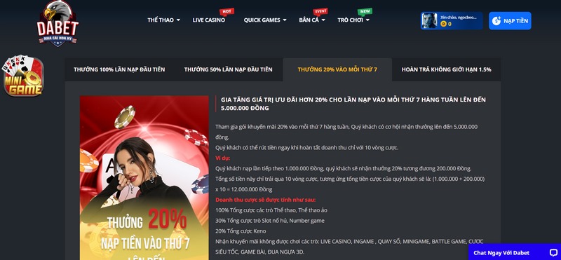 Nhận thêm 20% giá trị của thẻ nạp cho lần đầu tiên vào ngày thứ 7 hàng tuần
