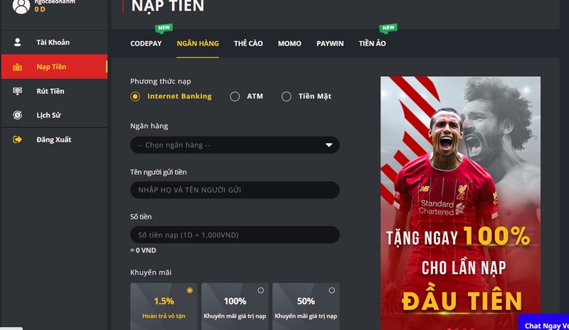 Nạp tiền Dabet qua ngân hàng cũng khá đơn giản, không mất nhiều thời gian 