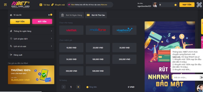 Rút thẻ cào điện thoại tại nhà cái NBET cực đơn giản
