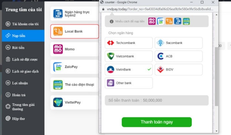 Phương thức thanh toán đa dạng tại nhà cái VX88 Esball