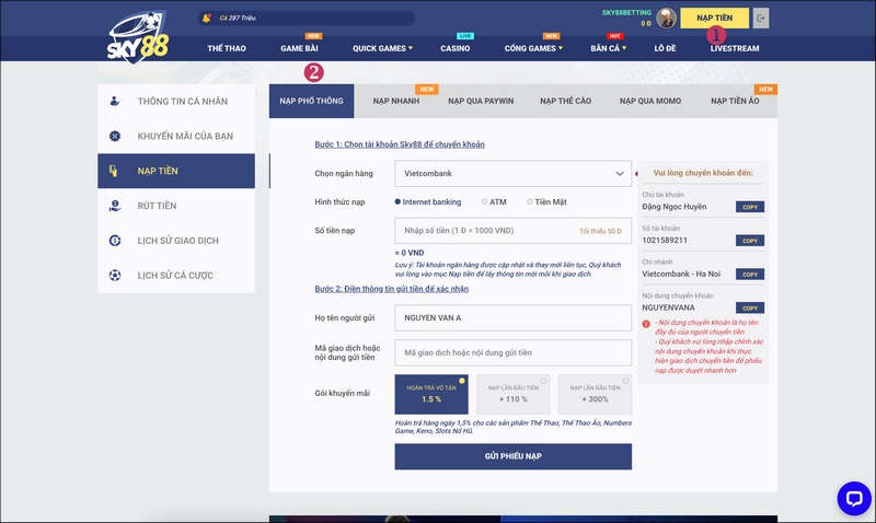 Phương thức nạp tiền Sky88 được triển khai đa dạng