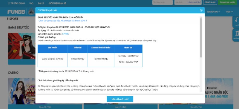 Tham gia game siêu tốc nhận hoàn trả về 0,3%