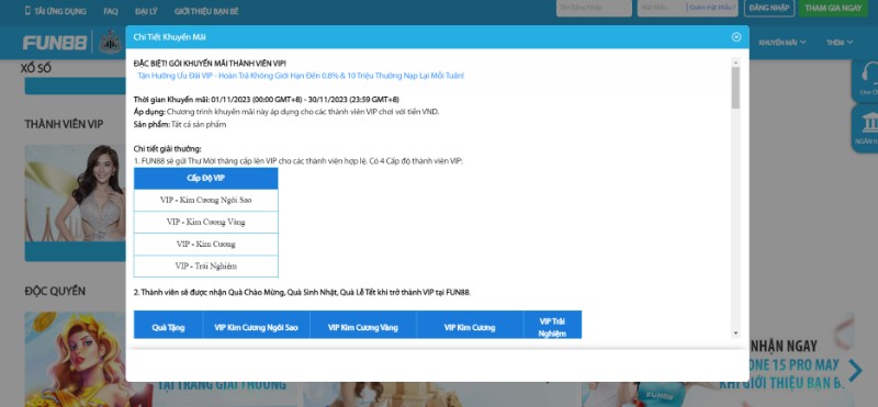 Khuyến mãi Fun88 gửi tới các thành viên VIP