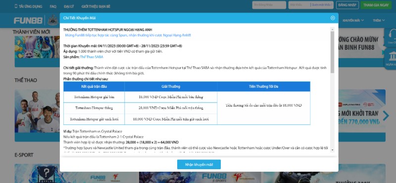 Đặt cược trận Tottenham nhận về thưởng hấp dẫn tới 88K