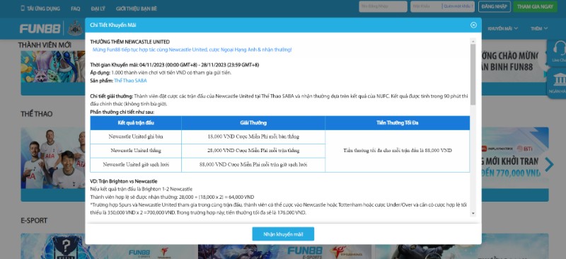 Khuyến mãi Fun88 thưởng thêm nếu cược trận Newcastle United