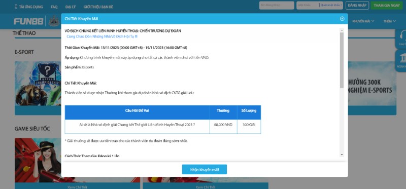 Khuyến mãi tại Fun88 dành cho anh em dự đoán nhà vô địch LOL