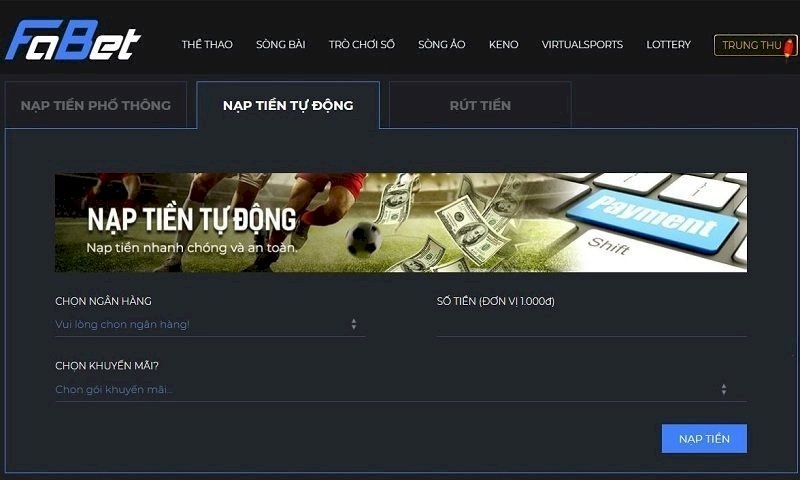 Nạp tiền Fabet thông qua hình thức thẻ cào diễn ra nhanh chóng